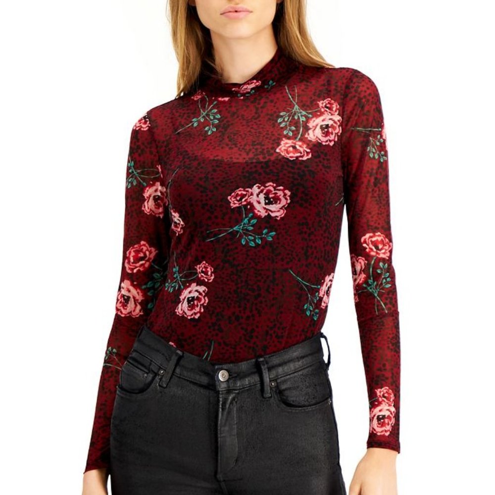 BAR III Red Dotted Floral Sheer Mesh Long Sleeve Mock Neck Thong Bodysuit NWT